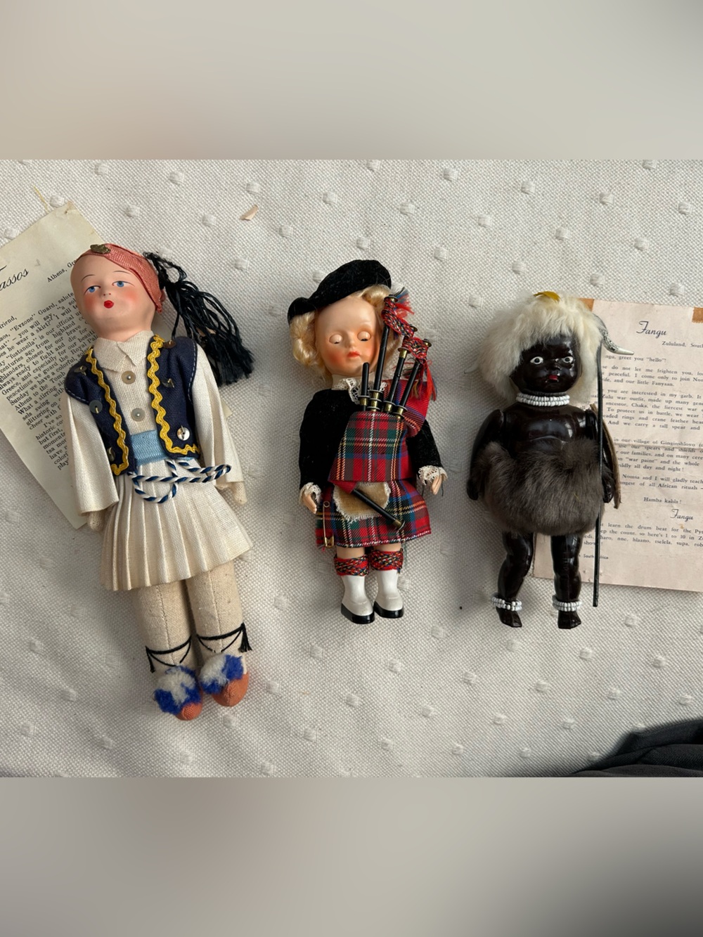 Set/3 Vntg Character Dolls.Cream, Red Tartan, Black. Greece, England, SoAfrica